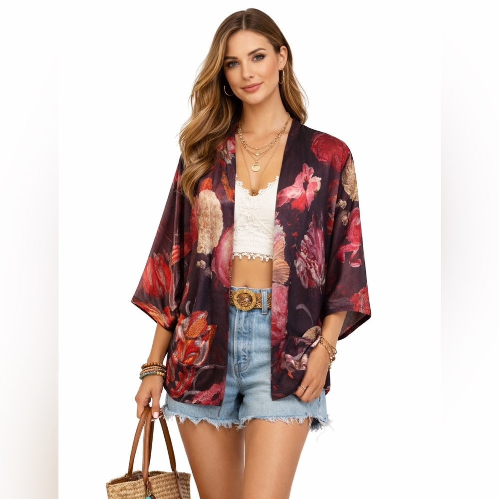 Buffalo David Bitton bohemian Purple Floral Silky Kimono oversized
